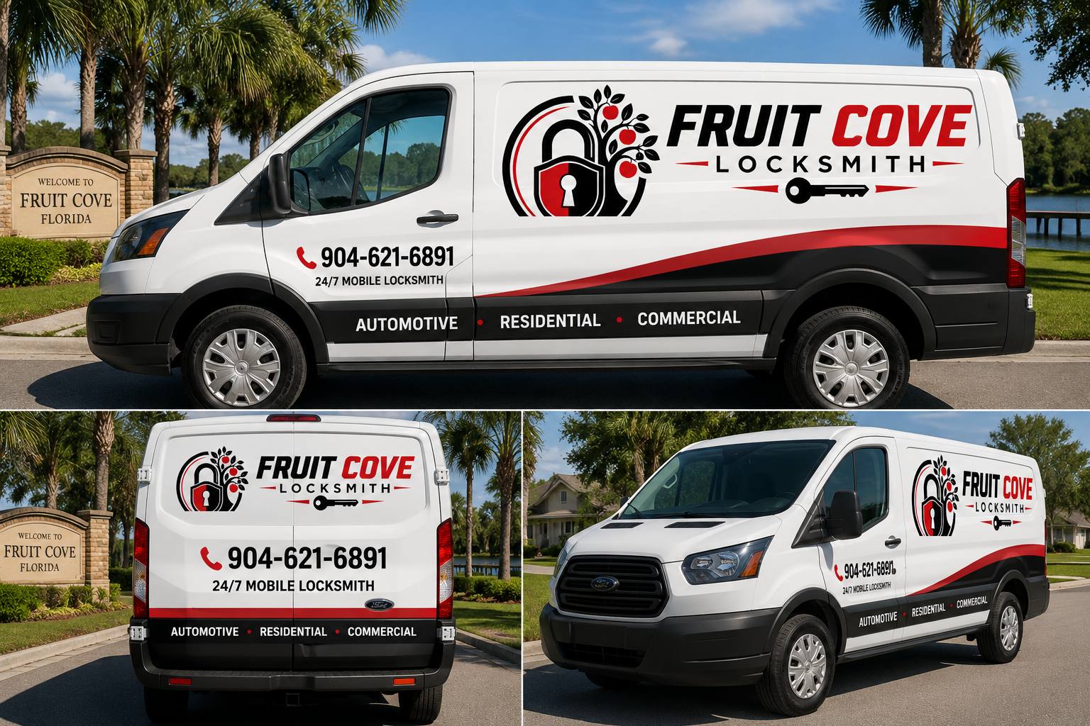 Fruit Cove Locksmith van with logo and phone number in Fruit Cove, FL